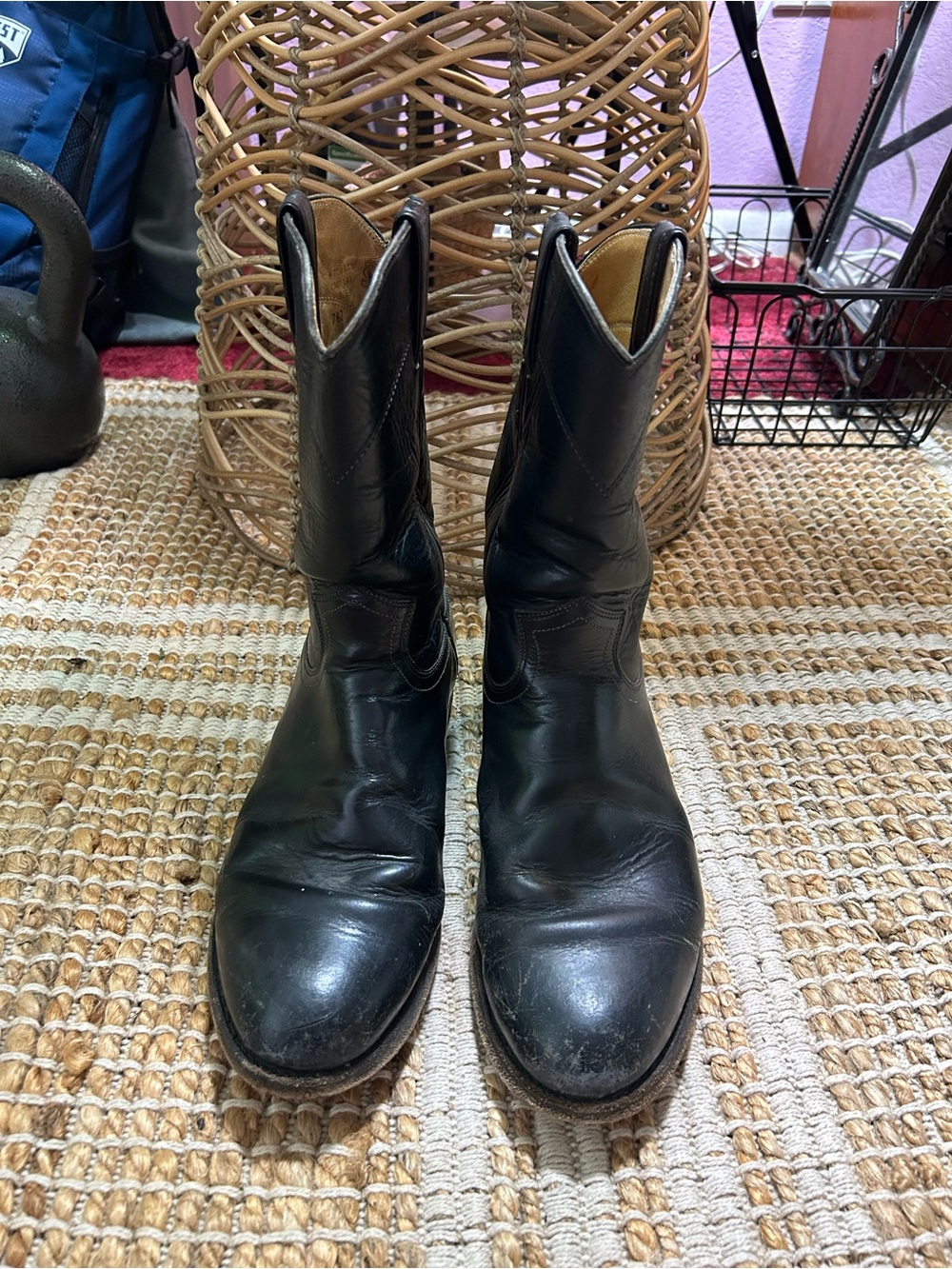 Vintage Justin Western Black Leather Roper Cowboy Boots Mens 7 1/2D